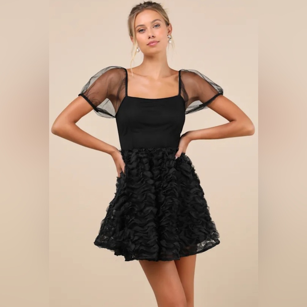 Lulus Collected Cutie Black Mesh Ruffled Short Sleeve Mini Dress XL NWT